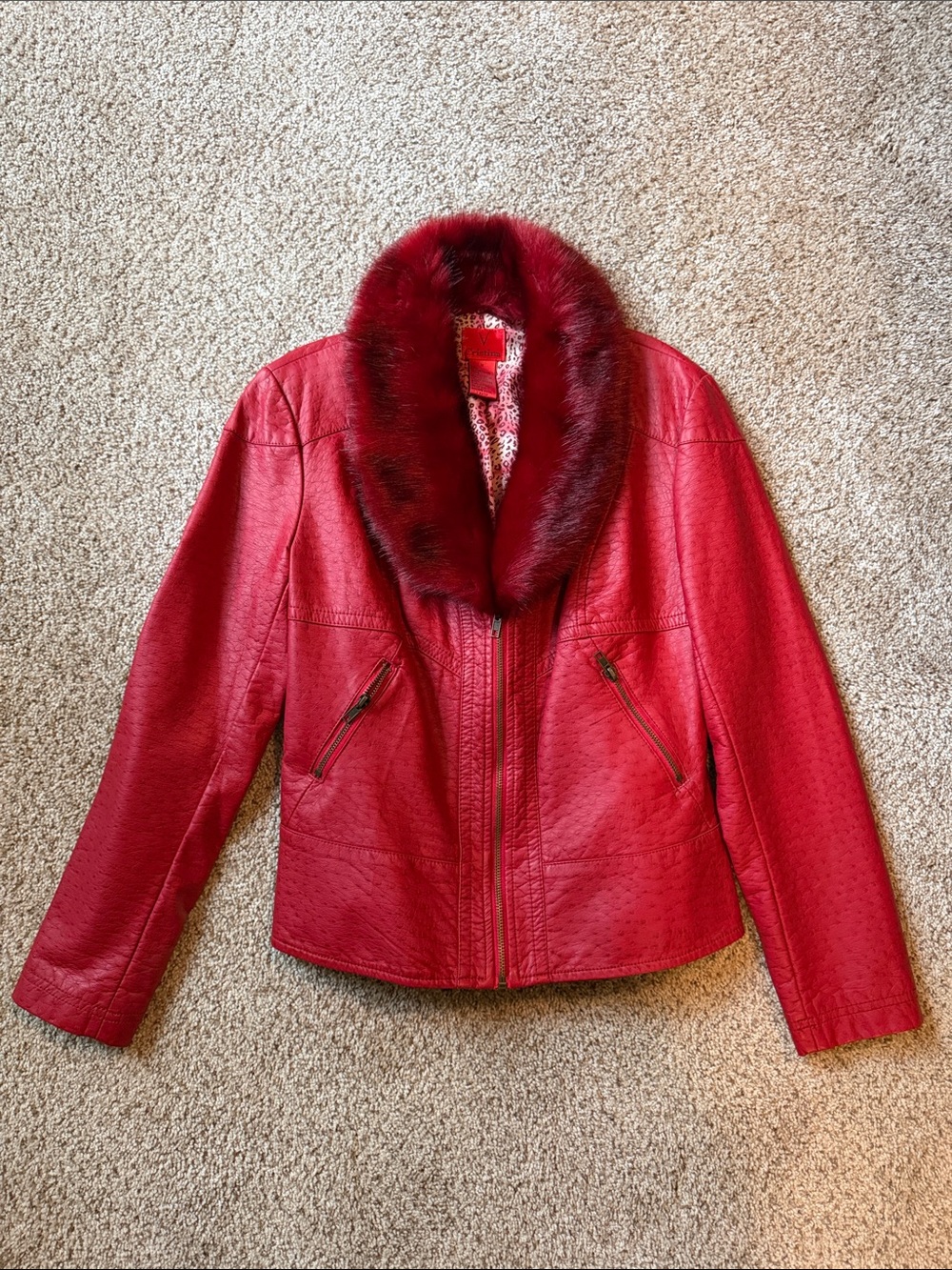Women's Red Faux Leather Jacket with Plush faux  Fur Collar